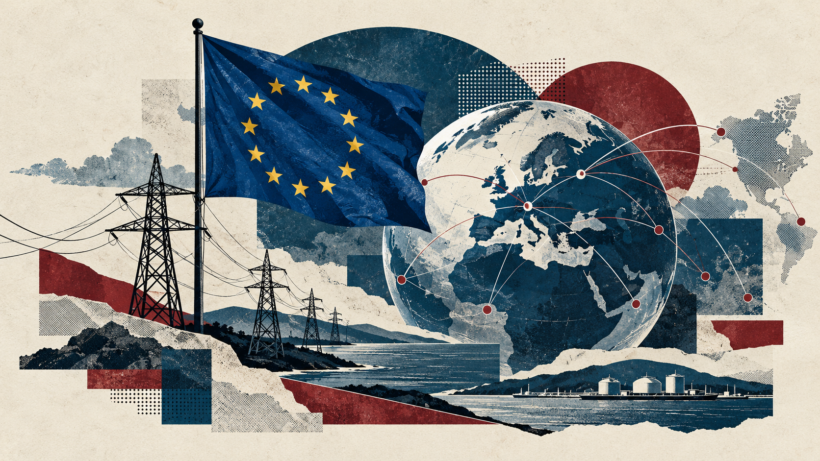Collage conceptual de una bandera europea, un globo y líneas de energía